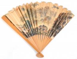 Japán stílusú fa-papír legyező, és fa-papír festett napernyő, kisebb szakadásokkal, lyukakkal; legye...