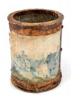 Japán stílusú fa-papír legyező, és fa-papír festett napernyő, kisebb szakadásokkal, lyukakkal; legye...