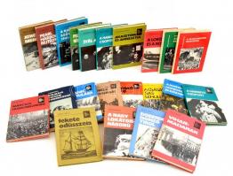 30 db a Népszerű Történelem könyvsorozatból: A Titanic pusztulása; A lord és a korona; A manchesteri mártírok; Tolmács voltam Teheránban, Az osztrák tragédia, stb. Kötetenként változó állapotban.