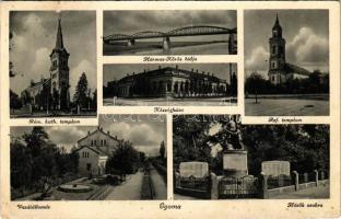 1941 Gyoma, vasútállomás, Római katolikus és református templom, községháza, hősök szobra, Hármas-Körös hídja