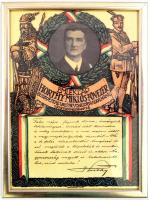Horthy Miklós Budapestre való bevonulása alkalmából kiadott emléklap reprintje, üvegezett keretben, 29×20 cm