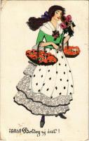 1918 Boldog Új Évet! / Art Nouveau lady with mushrooms and New Year greeting. B.K.W.I. 3090-3. s: Mela Koehler (EK)