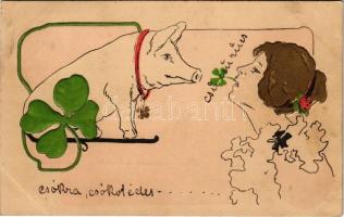 1900 New Year greeting Art Nouveau lady with pig and clover. B.R.W. Emb. litho