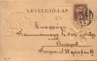 1900 New Year greeting Art Nouveau lady with pig and clover. B.R.W. Emb. litho