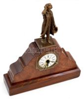 XIX. sz vége. Asztali óra ébresztő funkcióval, Réz figura díszítéssel. Fa test, zománc számlap. Javí...