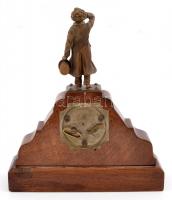 XIX. sz vége. Asztali óra ébresztő funkcióval, Réz figura díszítéssel. Fa test, zománc számlap. Javí...