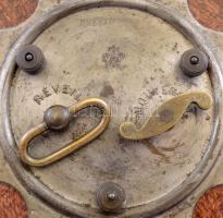 XIX. sz vége. Asztali óra ébresztő funkcióval, Réz figura díszítéssel. Fa test, zománc számlap. Javí...