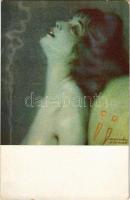 Lélie, fumeuse dopium. Erotic nude lady art postcard, opium smoking. Imp. A. Leroy et R. Cremieu. Marque L-E déposée Paris 73. Trichromie artistique s: Raphael Kirchner (EK)