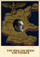 1938 März 13. Ein Volk, ein Reich, ein Führer! / Adolf Hitler, NSDAP German Nazi Party propaganda, map of Germany, swastika; 6 Ga. s: Professor Richard Klein + 1938 Deutsches Turn- u. Sportfest Breslau So. Stpl. (EK)