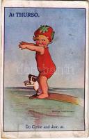 1932 Do come and join us! Children art postcard, beach, dog. E.T.W. Dennis & Sons. artist signed (EK)