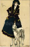 1918 Lady with dog. Italian art postcard. F. Polenghi Editore No. 10. s: E. Sacchetti + K.u.K. Bahnhofkommando Monfalcone Von der Armee im Felde (EK)
