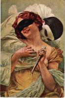 1918 Pierrots Triumph. Erotic lady with clown art postcard. Art moderne 731. s: G. Seignac (EK)