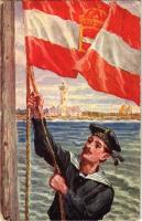 1916 K.u.K. Kriegsmarine / WWI Austro-Hungarian Navy, mariner with naval flag. Offizielle Karte für Rotes Kreuz, Kriegsfürsorgeamt, Kriegshilfsbureau. Herausgegeben vom Österreichischen Flottenverein + K.u.K. MARINEFELDPOSTAMT POLA K.u.K. KRIEGSMARINE SMS BABENBERG (EK)
