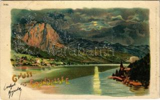 1900 Grundlsee, lake. Aquarellkarte Regel & Krug 3095. litho (fl)