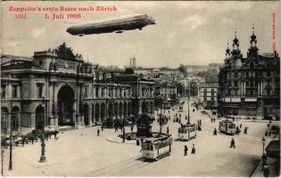 1908 Zeppelins erste Reise nach Zürich 1. Juli 1908 / First flight of the Zeppelin airship to Zurich, street view with trams, railway station (EB)