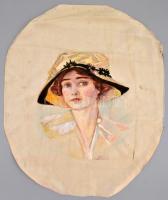 E. von Lankisch jelzéssel: Kalapos hölgy portréja. Ceruza, akvarell, selyem, sérült, 46x38 cm