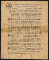 1938 XXXIV. Nemzetközi Eucharisztikus Kongresszus himnusza, nyomtatvány, celluxszal ragasztott, foltos, megviselt állapotban
