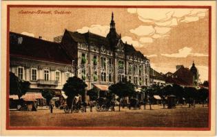 Szatmárnémeti, Satu Mare; Deák tér, lovaskocsik, üzletek / square, horse carts, shops