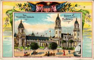 Saint Louis (Missouri), Das Maschinen-Gebäude / Palace of Machinery, American flag. Louisiana Purchase Exposition, Worlds Fair 1904. No. 9. Floral, (worn corners)