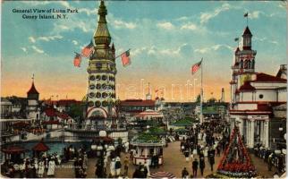 1922 New York, General view of Luna Park, Coney Island, American flags, "Witching Waves" (worn corners)