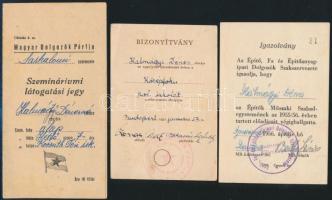 cca 1949-56 3 db kommunista bizonyítvány és igazolvány (Építők Műszaki Szabadegyetem, MDP Sashalom szemináriumi látogatási jegy)