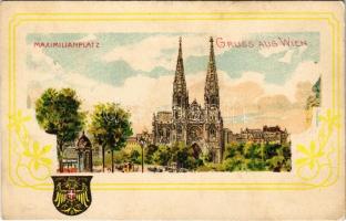 Wien, Vienna, Bécs IX. Maximilanplatz, Votivkirche / square, church, horse-drawn tram, coat of arms. Art Nouveau, floral, litho (EK)