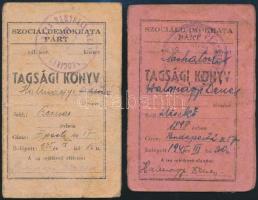 cca 1945-48 2 db Szociáldemokrata Párt tagsági könyv (igazolvány), sok bélyeggel, Sashalom, férj és felesége részére kiállítva