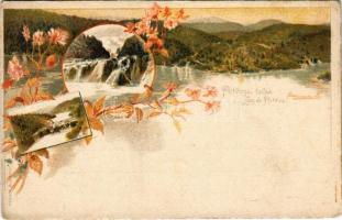 Plitvicka Jezera / Plitvicei tavak. Ezredéves Országos Kiállítás / Plitvice Lakes. Hungarian Millennium Exhibition. brown 2 Kr. Ga. floral Art Nouveau litho s: Cserna K.  (fl)