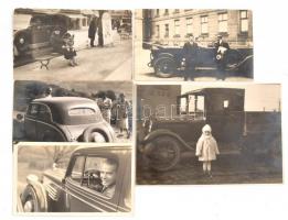 cca 1920-1930 5 db autó témájú fotó és fotólap, 9x14 cm és 12,5x17 cm közötti méretekben