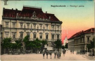 1913 Nagybecskerek, Zrenjanin, Veliki Beckerek; Pénzügyi palota, Torontáli cipők, Fendl üzlete, lovaskocsik / Financial palace, shops, horse carts