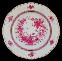 Herendi indiai kosár mintás leveses tányér. Kézzel festett, jelzett, hibátlan. d:25,5 cm