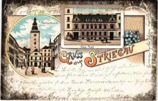 1902 Strzegom, Striegau; Rathsthurm, Kais. Post / tower, post office. Art Nouveau, floral, litho + BRESLAU-HIRSCHBERG BAHNPOST ZUG 69
