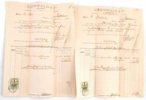1879 Grunwald & Co, Triest, Budapest, Breslau, 2 db díszes fejléces számla 5 kr. okmánybélyeggel, hajtásnyommal