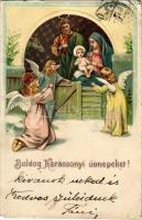 1910 Boldog Karácsonyi Ünnepeket / Christmas greeting card with the Holy Family, Jesus and angels. Emb. litho (apró lyukak / pinholes)
