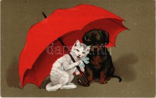 Cat dog friendship under umbrella. Meissner & Buch Künstler-Postkarten Serie 1943. litho