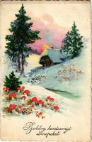 1936 Boldog Karácsonyi Ünnepeket! / Christmas greeting card, winter landscape, mushrooms (EK)