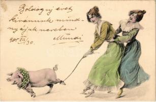 1905 Boldog Újévet / New Year greeting card, ladies with pig