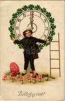 1916 Boldog Újévet / New Year greeting card, chimney sweeper, mushrooms, ladder, clock. litho (Rb)