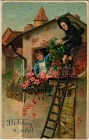 1908 Boldog Újévet / New Year greeting card, chimney sweeper, ladder, clover. M.S.i.B. 13955. litho (apró lyuk / tiny pinhole)