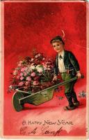 A Happy New Year! New Year greeting card, boy with wheelbarrow. Emb. litho (fa)