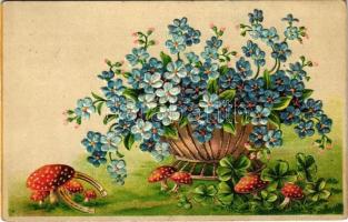 1908 New Year greeting card with mushroom, clovers, horseshoe, flowers. Emb. litho