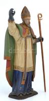 Faragott, festett fa püspök szobor, kopásnyomokkal, a hátoldalán repedésekkel, a talapzaton sérülése...