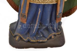 Faragott, festett fa püspök szobor, kopásnyomokkal, a hátoldalán repedésekkel, a talapzaton sérülése...