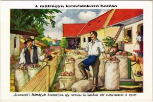 A műtrágya termésfokozó hatása: Szomszéd! Műtrágyát használjon, így termése holdankint 100 métermázsát is nyom. Szuperfoszfát a magyar föld műtrágyája / Hungarian fertilizer advertisement