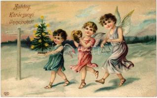 1911 Boldog Karácsonyi Ünnepeket! Dombornyomott litho / Christmas greeting, angels, Emb. litho