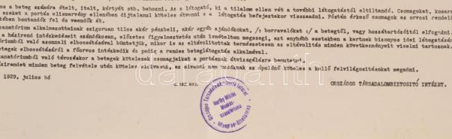 1929 Horthy Miklós Munkásszanatóriuma, Visegrád-Gizellatelep, házirend bélyegzővel, hajtásnyommal, e...