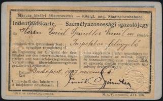 1907 Spindler Emil, Magyar királyi államvasutak felügyelő, vasutas fényképes igazolvány, fotó Friedr...