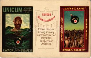 Unicum gyomorerősítő likőr reklámlap. Zwack J. és társai. Budapest / Hungarian stomachic liqueur advertisement, litho (EK)