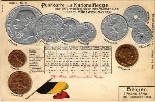 Belgien. Postkarte mit Nationalflagge zur Infoprmation über internationales Münzen / Beglian coins and flag. Serie I. Nr. 9. Emb. litho