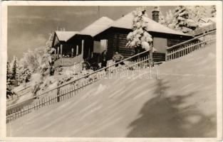 1940 Rozsnyó, Roznava; MTE (Magyar Turista Egyesület) rozsnyói osztályának menedékháza az Ökörhegyen (Pozsálón). Matheisel József felvétele / Skalisko / chalet, tourist house in winter (EK)